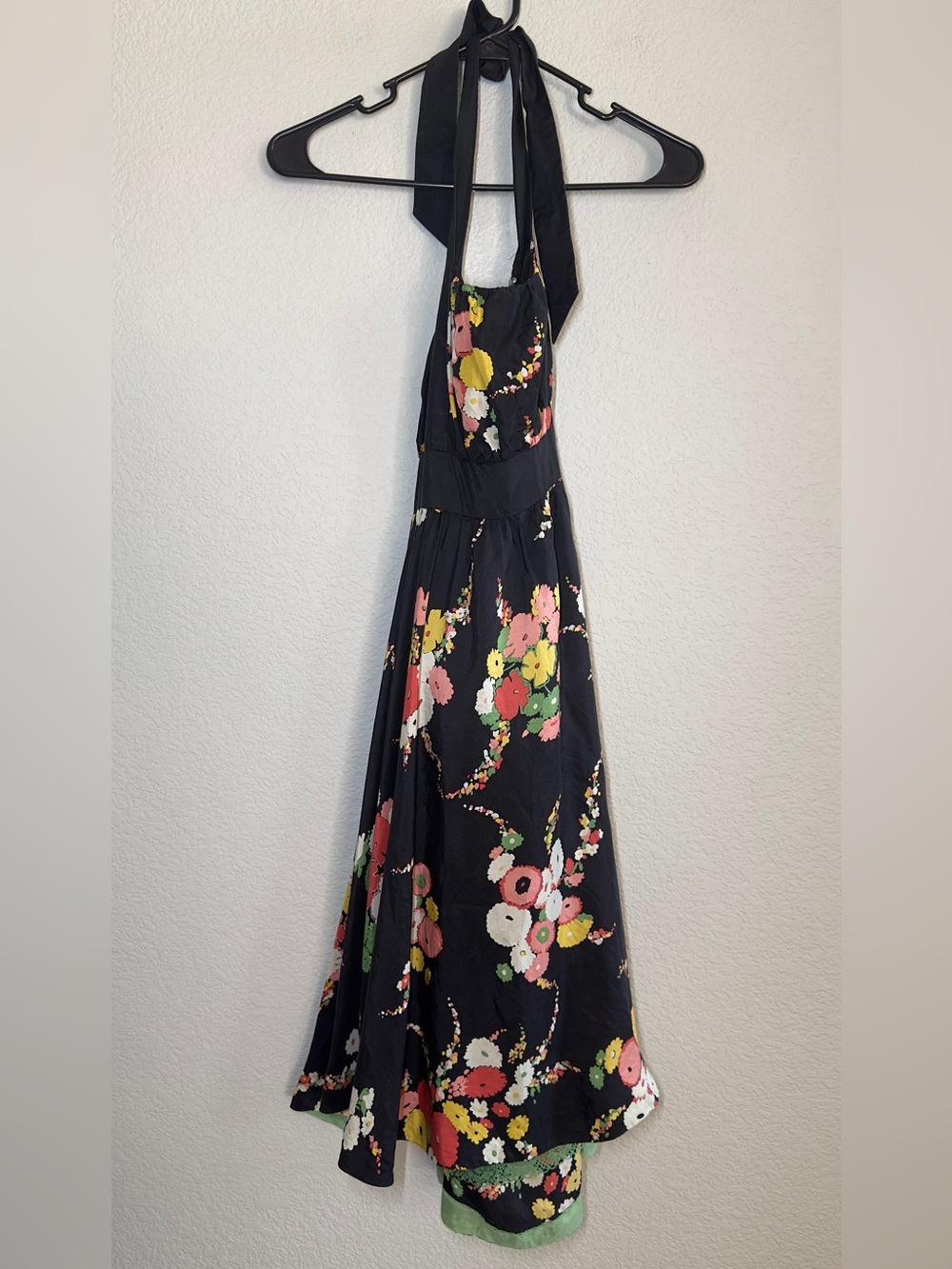Moulinette Soeurs Black Floral Halter Maxi Dress with Pink Yellow & Green Blooms